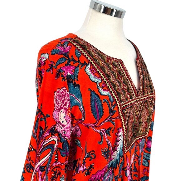 Soft Surroundings Embroidered Sequin Tunic Top Red Orange Floral Size Large - Picture 6 of 12
